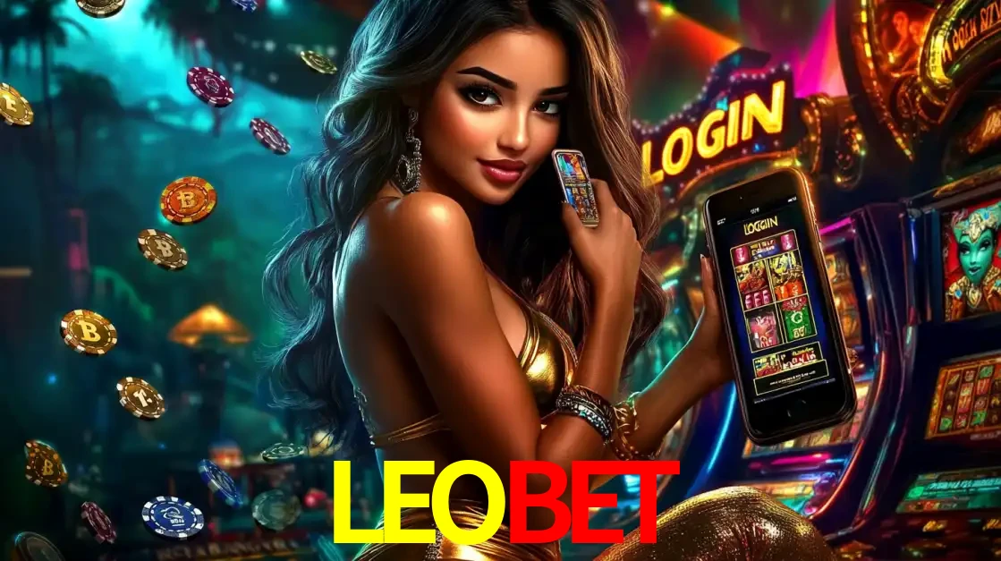 Mulher em um cenário de cassino temático de aventura, mostrando o app de caça-níqueis da LEOBET no celular. Fichas de apostas flutuam ao redor.