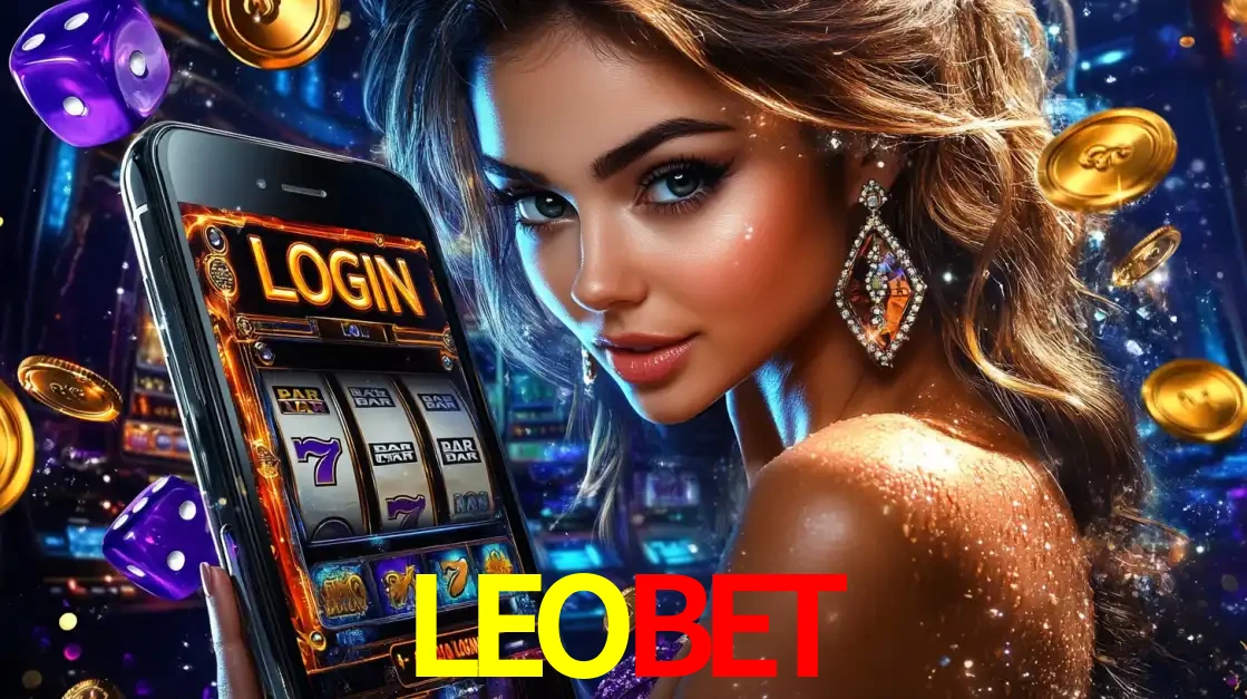 Mulher glamorosa segurando um smartphone com a tela de login para os jogos de caça-níqueis do cassino online LEOBET, com moedas de ouro e dados ao redor.