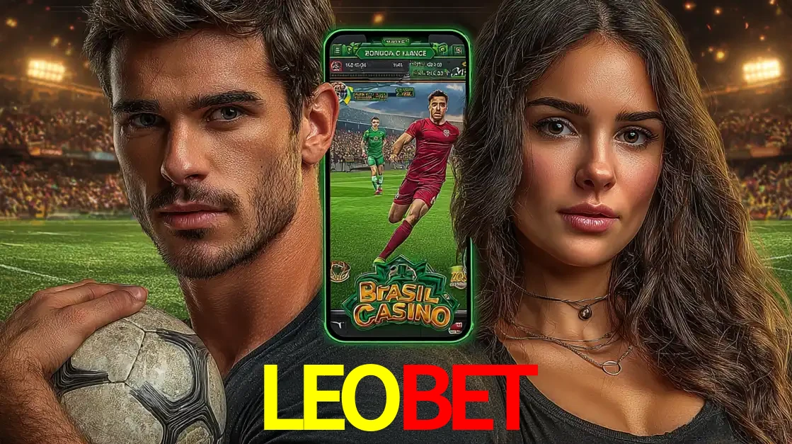 Homem segurando uma bola de futebol e uma mulher ao lado de um smartphone exibindo o jogo de apostas esportivas da LEOBET. Faça seu palpite no cassino online.